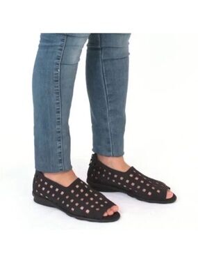 Arche Drick Sandal Black Nubuck Suede Leather Peep Toe Flat Perforated Peep 37 6